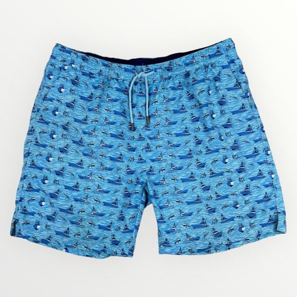 PETER MILLAR Seaside Collection Mens Mesh Lined Swim Trunks Blue Sailing Boats